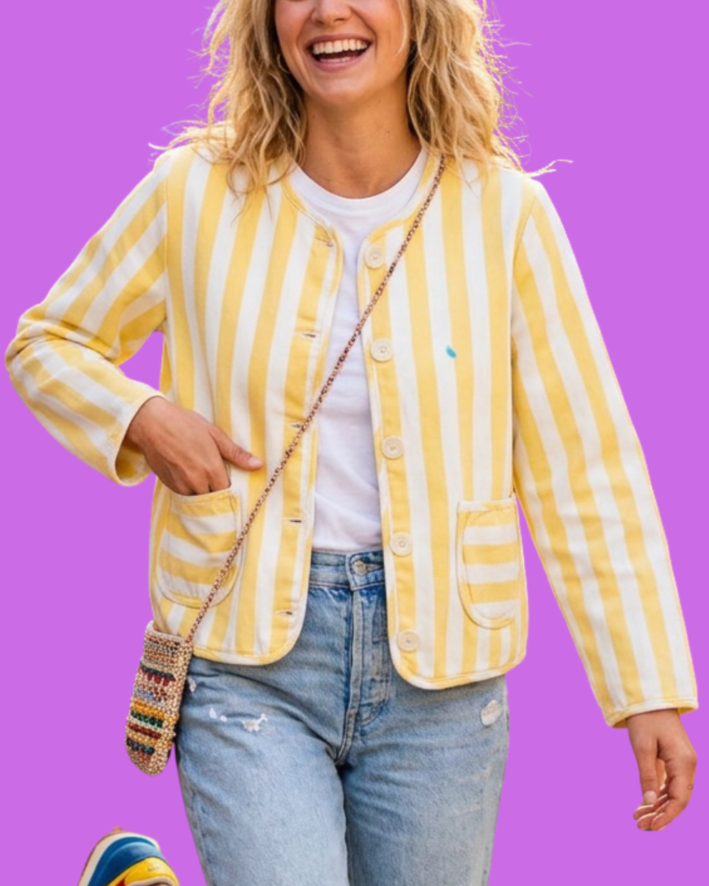 Veste en denim rayée jaune et blanc