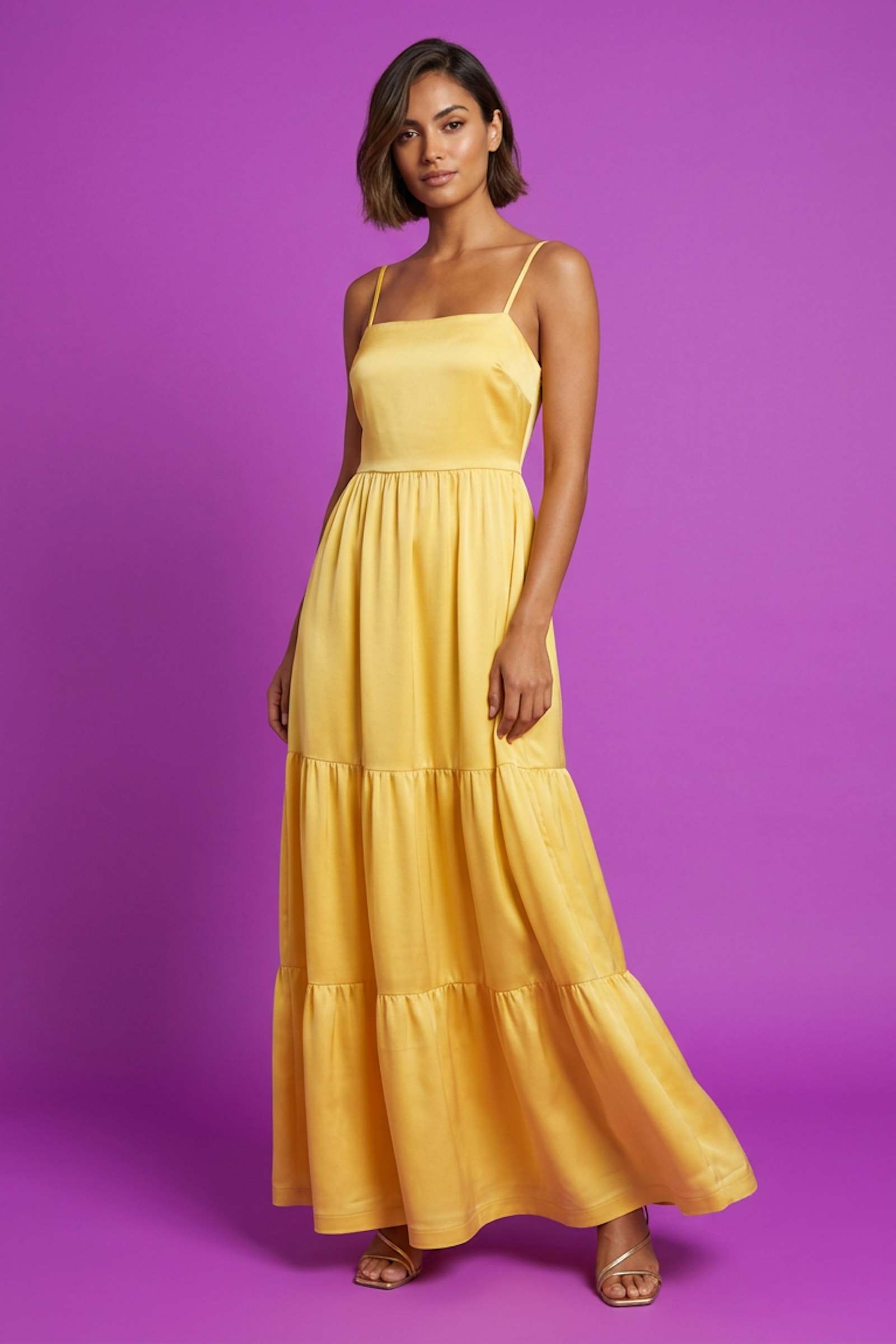 Robe longue satinée jaune - Laura Laval Paris