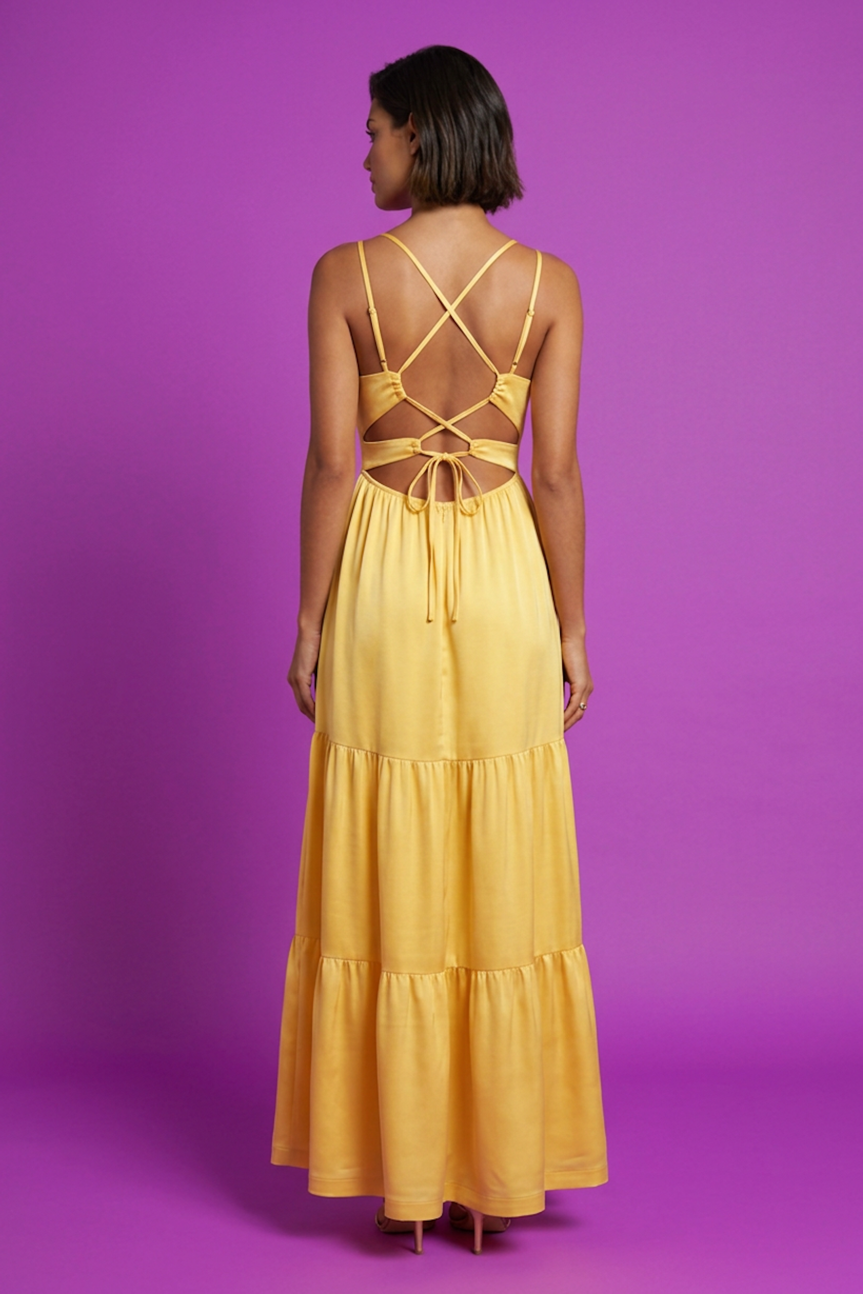 Robe longue satinée jaune - Laura Laval Paris