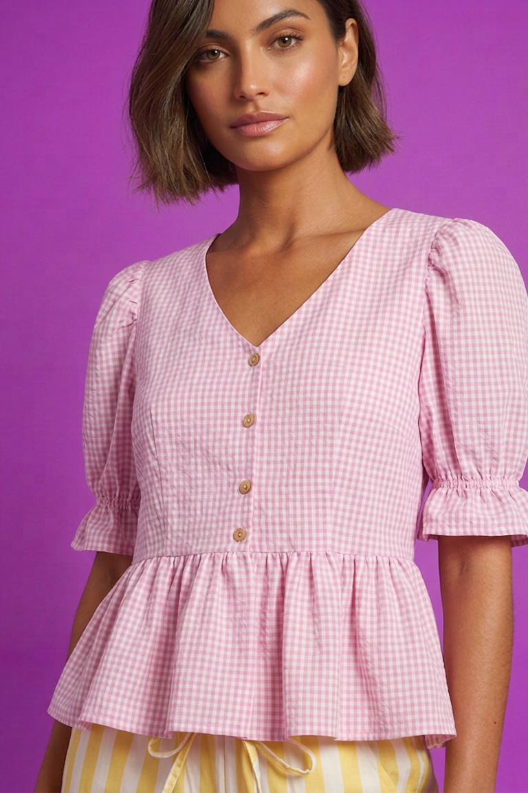 Blouse vichy rose en coton bio - Ana Noya Garcia